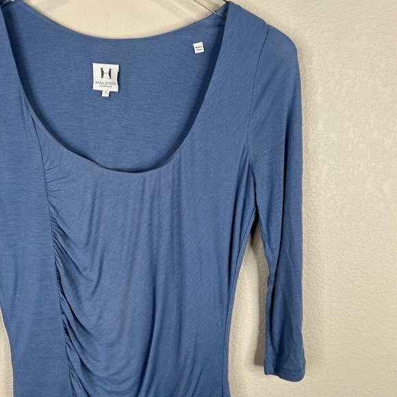 Halston Heritage Sheath Dress Sz 2 Blue Ruched 3/4 Sleeve Scoop Neck Silk Blend - Picture 3 of 13